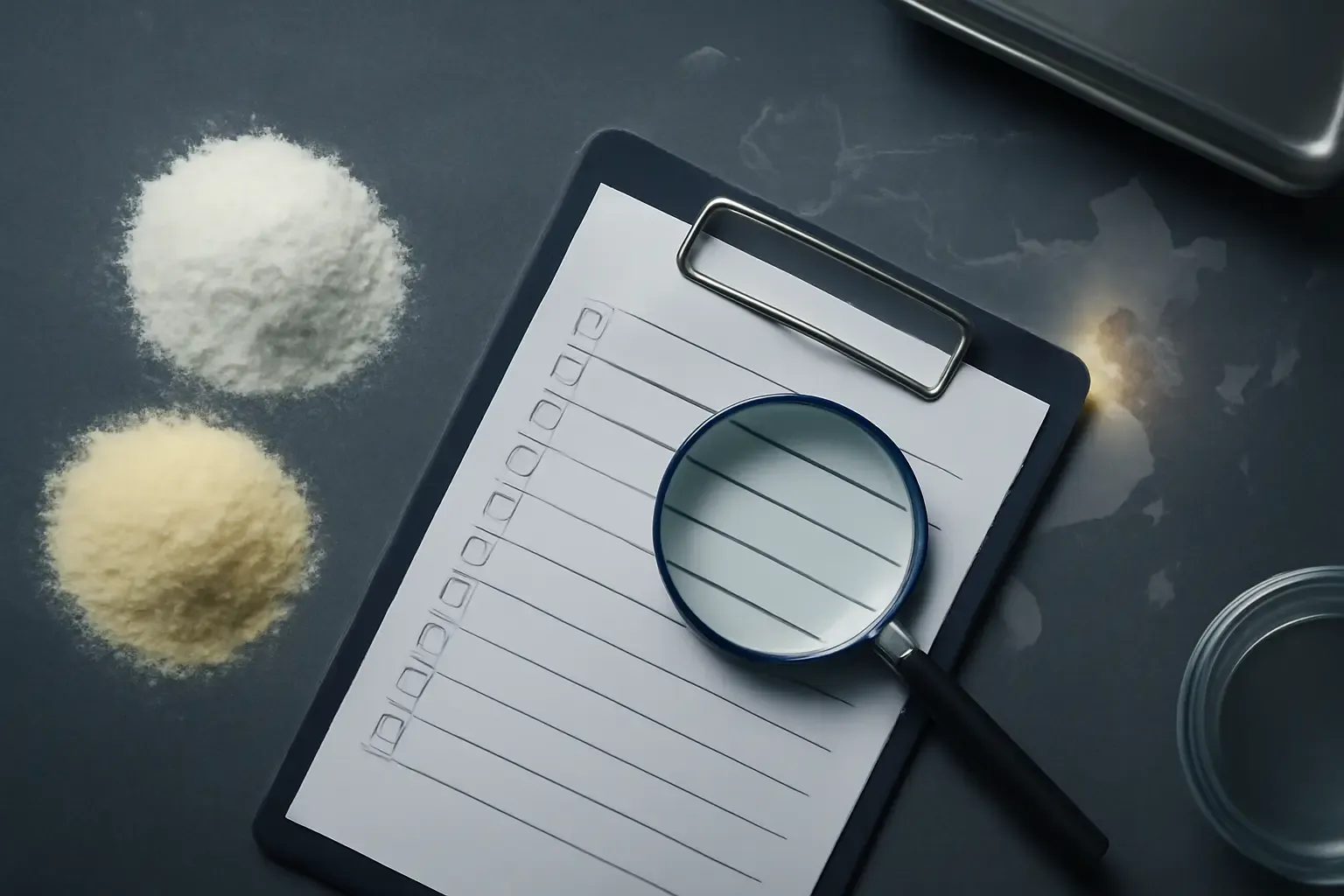 A professional flat lay representing the audit of MCC and resistant dextrin suppliers in China, featuring checklists, ingredient powders, and a map.