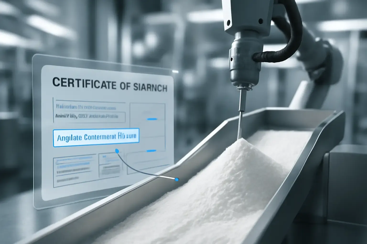 A close-up view of an automated quality control process for resistant dextrin powder in a modern Chinese manufacturing facility.