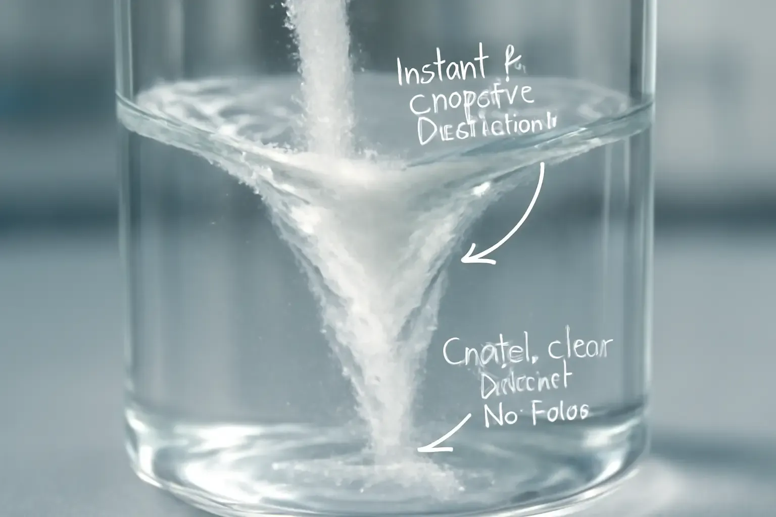 Eine Nahaufnahme, die zeigt, wie sich resistentes Dextrinpulver sofort und deutlich in Wasser auflöst, mit Anmerkungen, die seine Leistungsfähigkeit hervorheben.