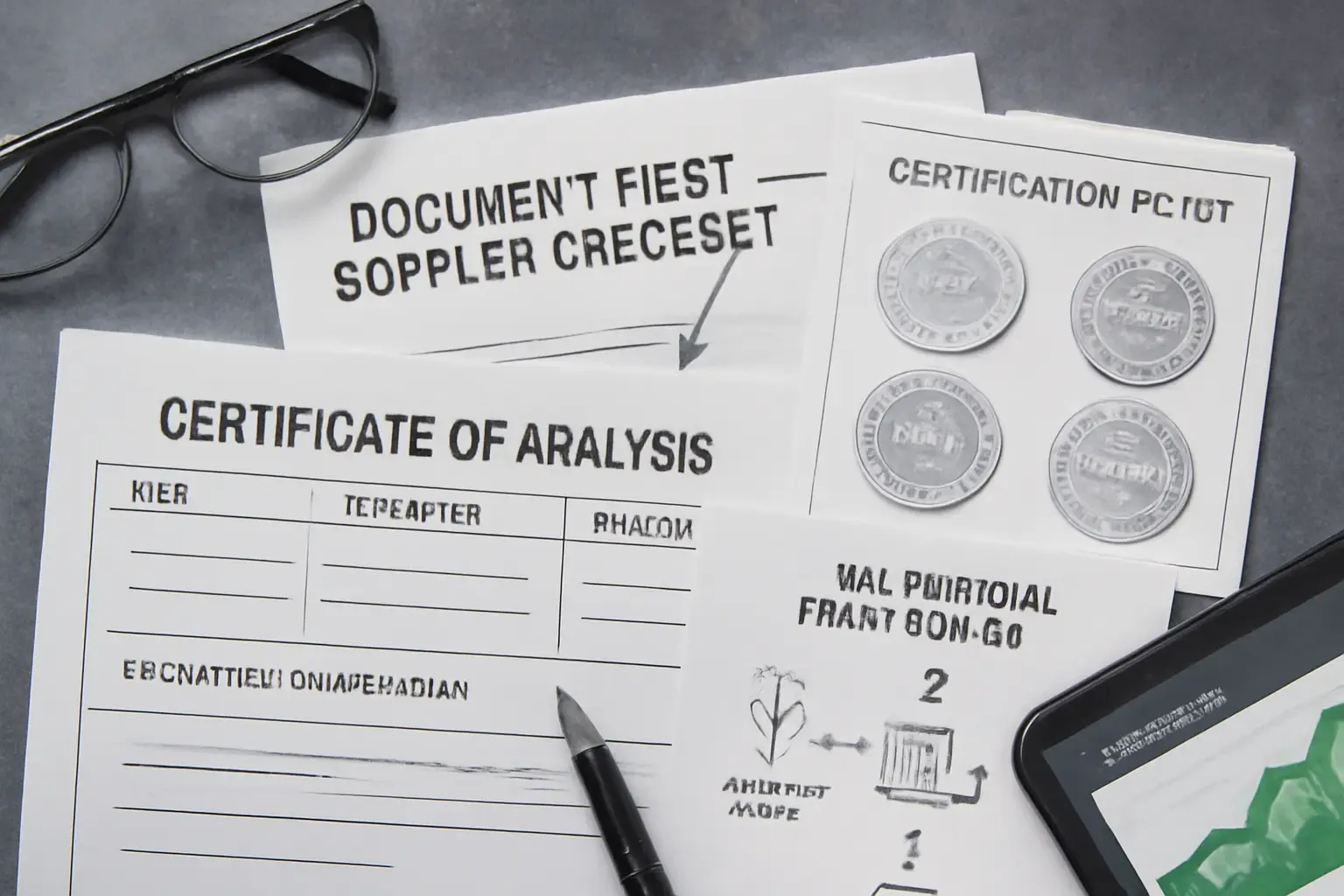 Flat-lay of essential supplier documents including COA, BRC and ISO certifications