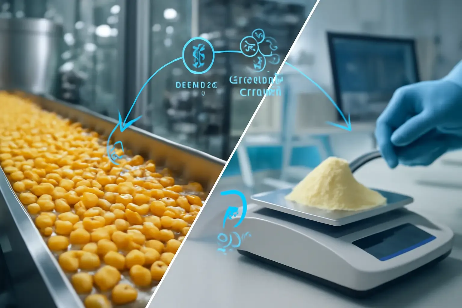 A visual representation of the resistant dextrin production process, from non-GMO corn raw material to quality control in a modern factory