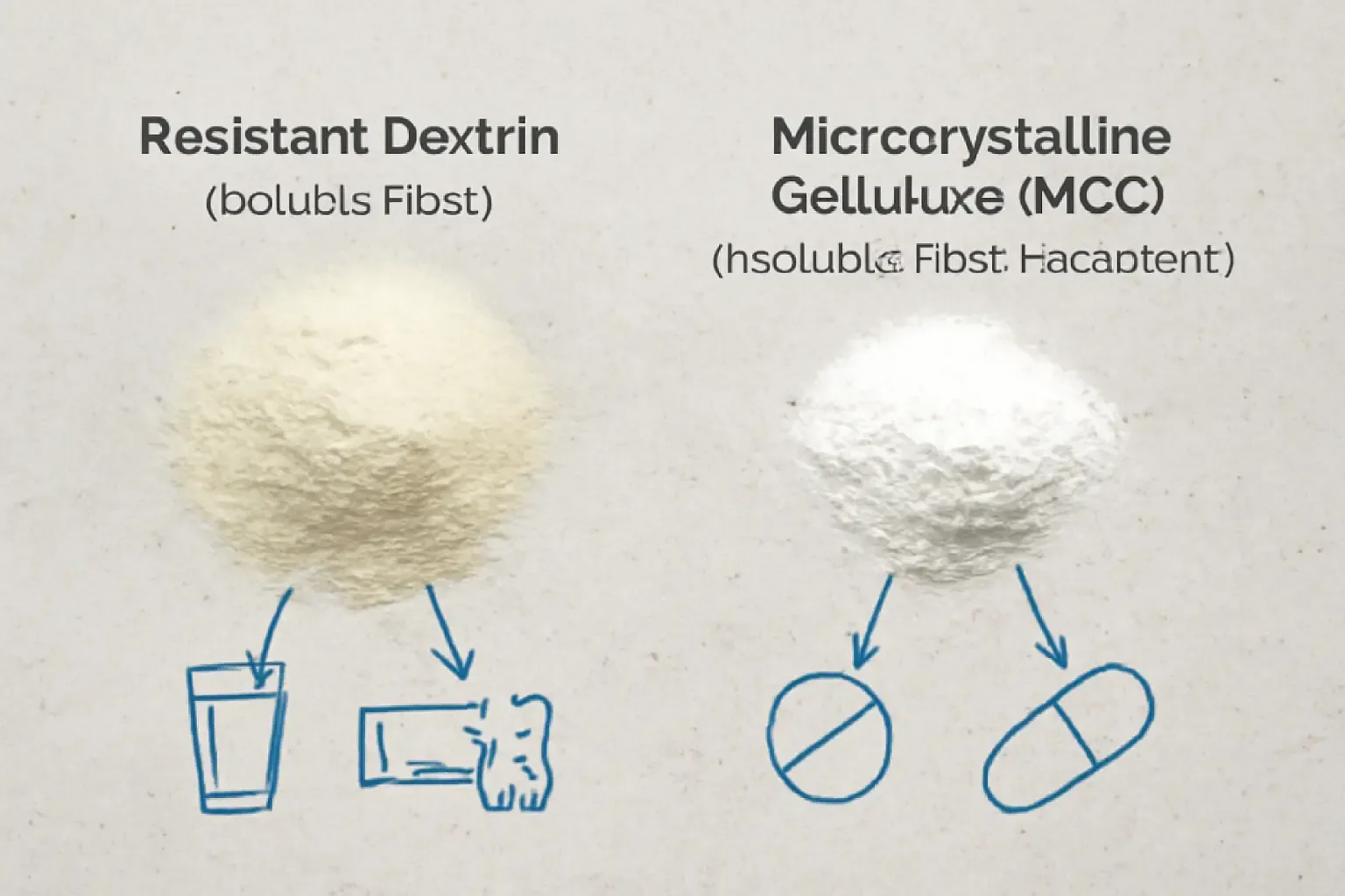 An infographic-style image illustrating the different applications of Resistant Dextrin and Microcrystalline Cellulose