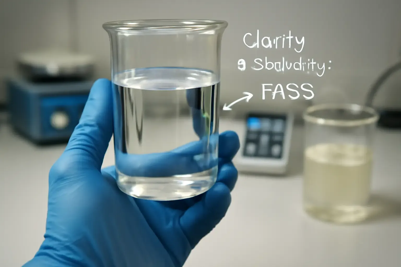 Scientist evaluating clarity of resistant dextrin in a low sugar beverage pilot