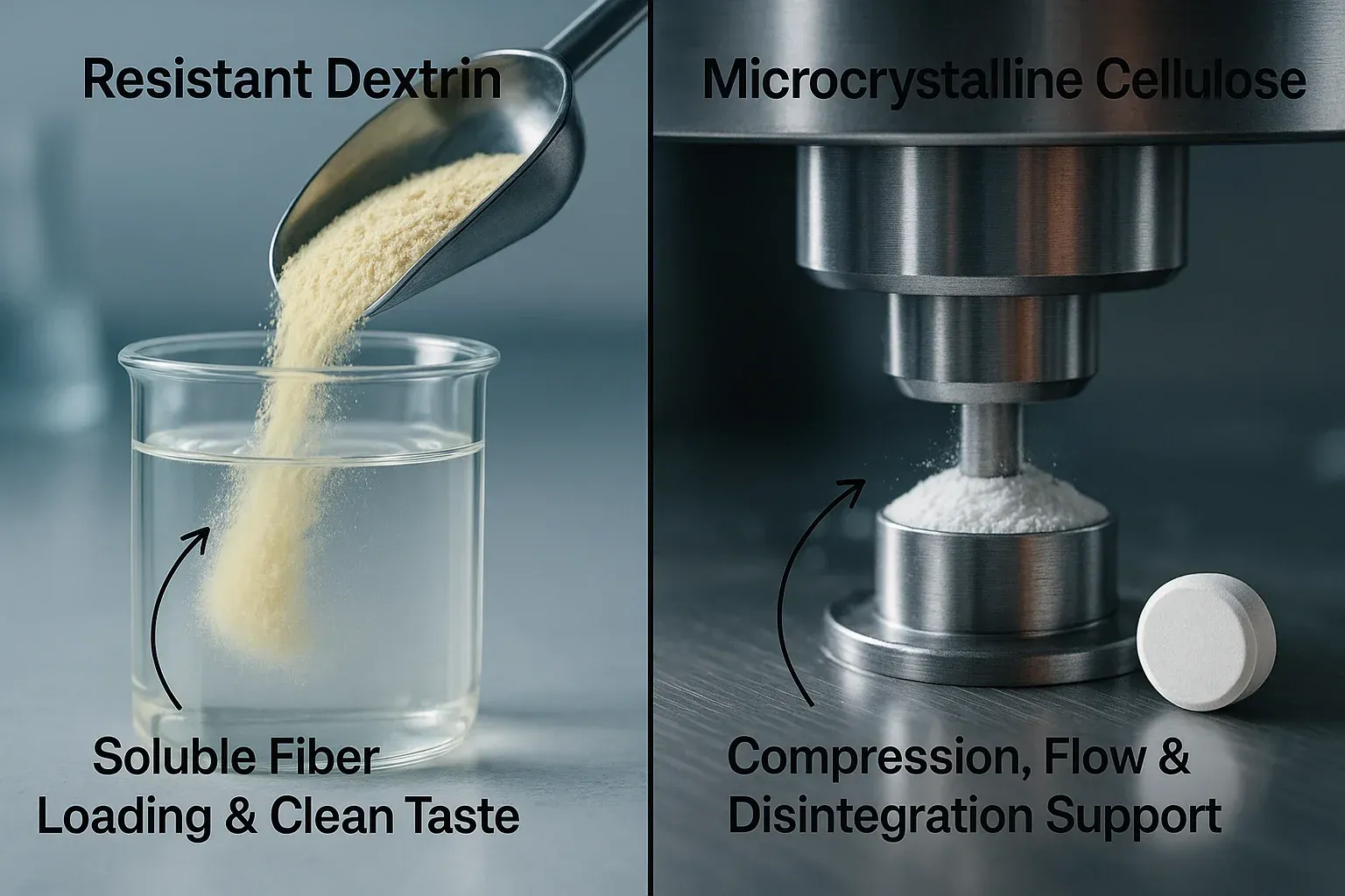 Visual comparison of resistant dextrin solubility vs MCC compressibility