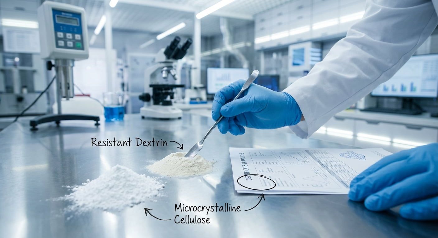 Lab technician verifying ingredient specifications against COA