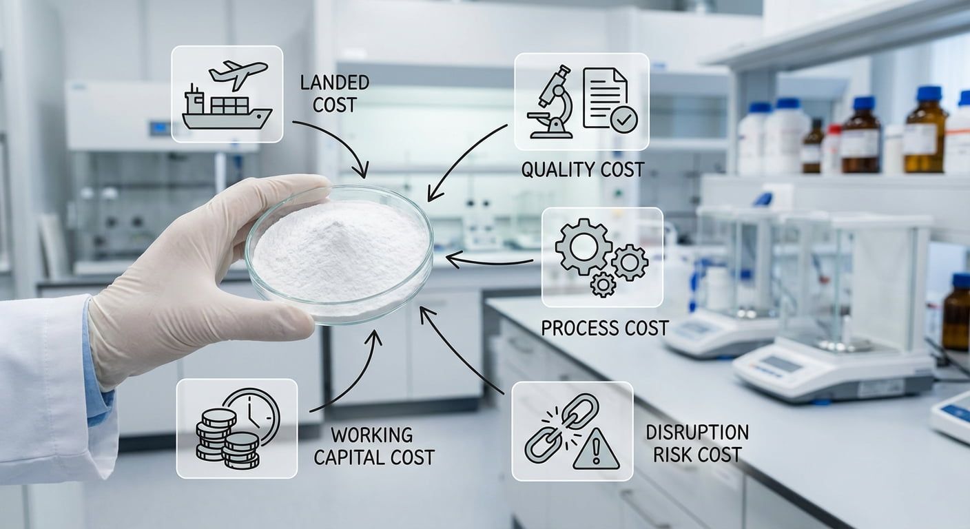 Infographic of TCO model featuring a lab technician and five cost buckets: landed cost, quality, process, working capital, and disruption risk