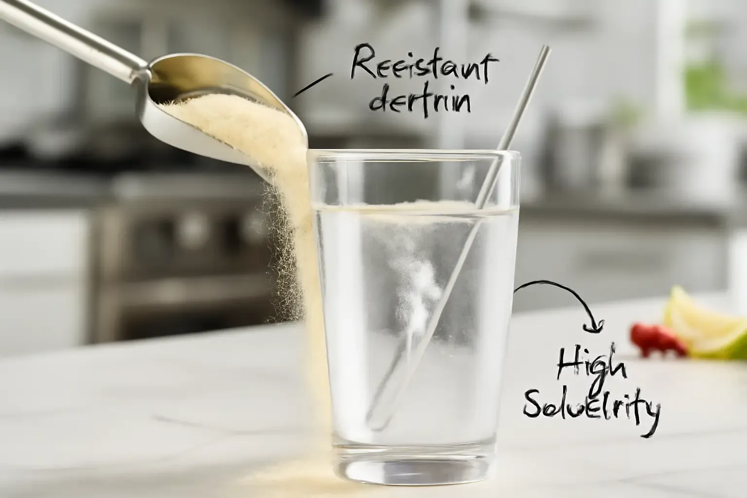 Resistant dextrin powder dissolving effortlessly into a clear beverage