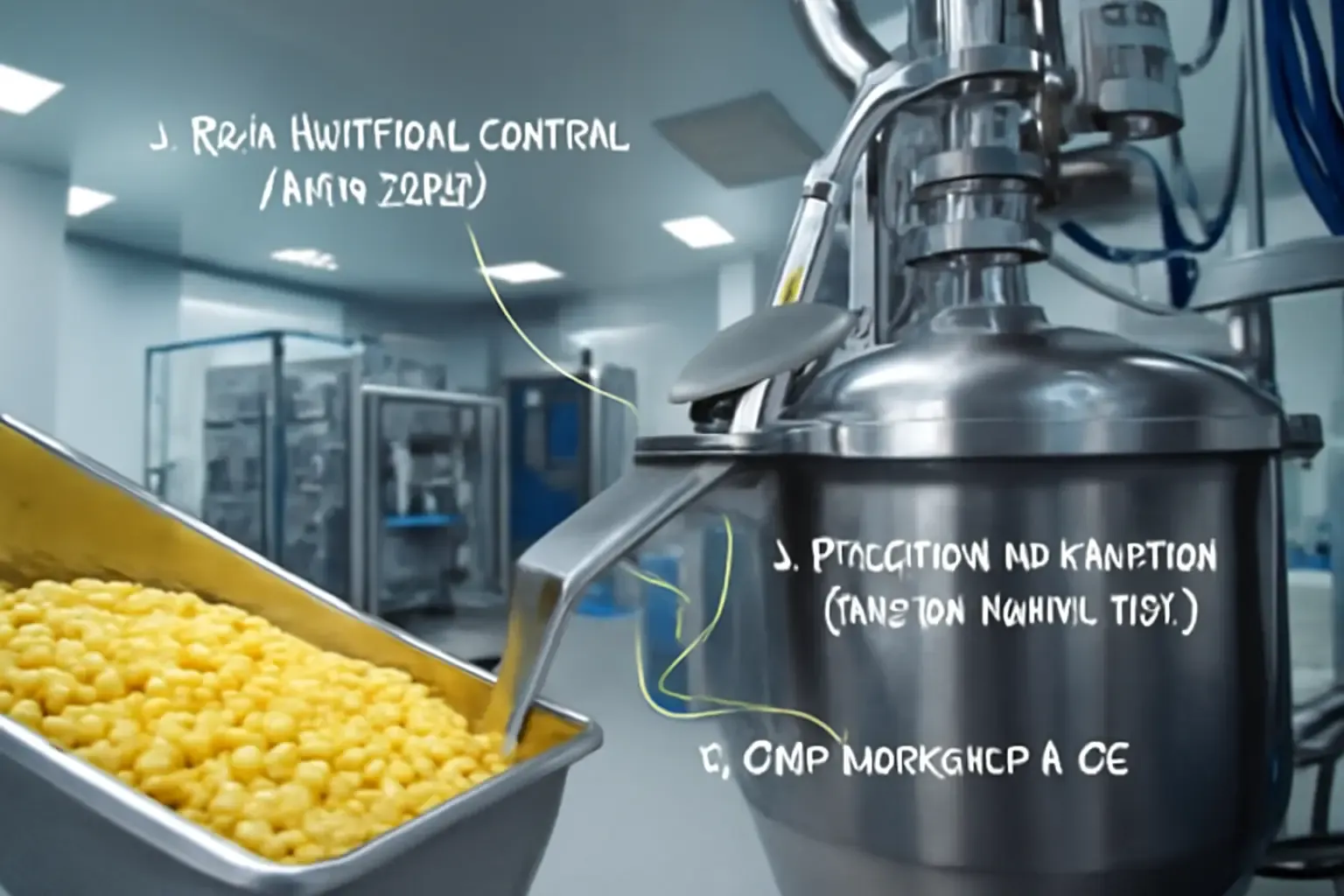A visual breakdown of key manufacturing quality signals: NON-GMO corn, a German-engineered production line, and a GMP-certified cleanroom environment.