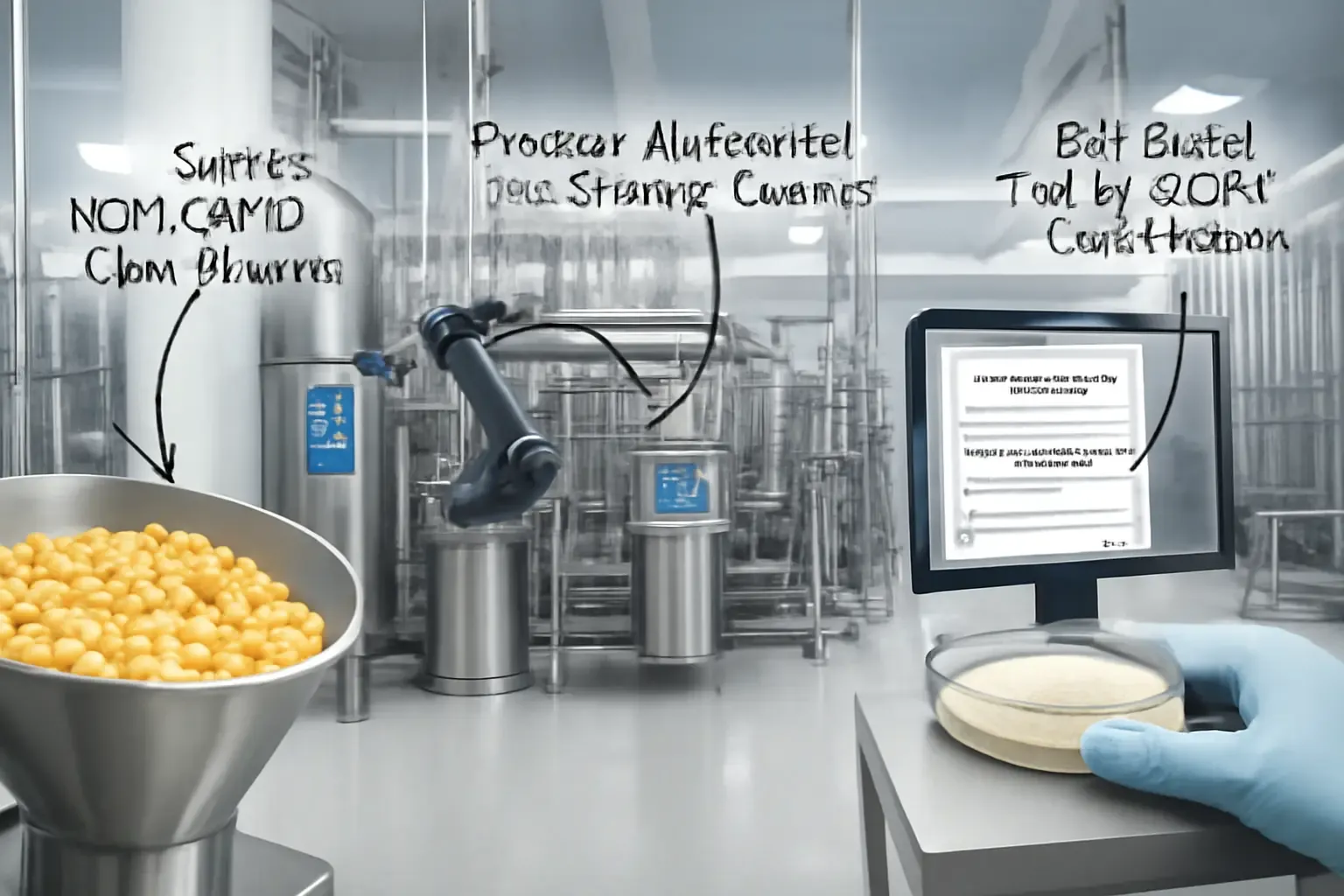 An infographic-style visual detailing the production and quality control process for resistant dextrin, from non-GMO corn sourcing to automated filling.